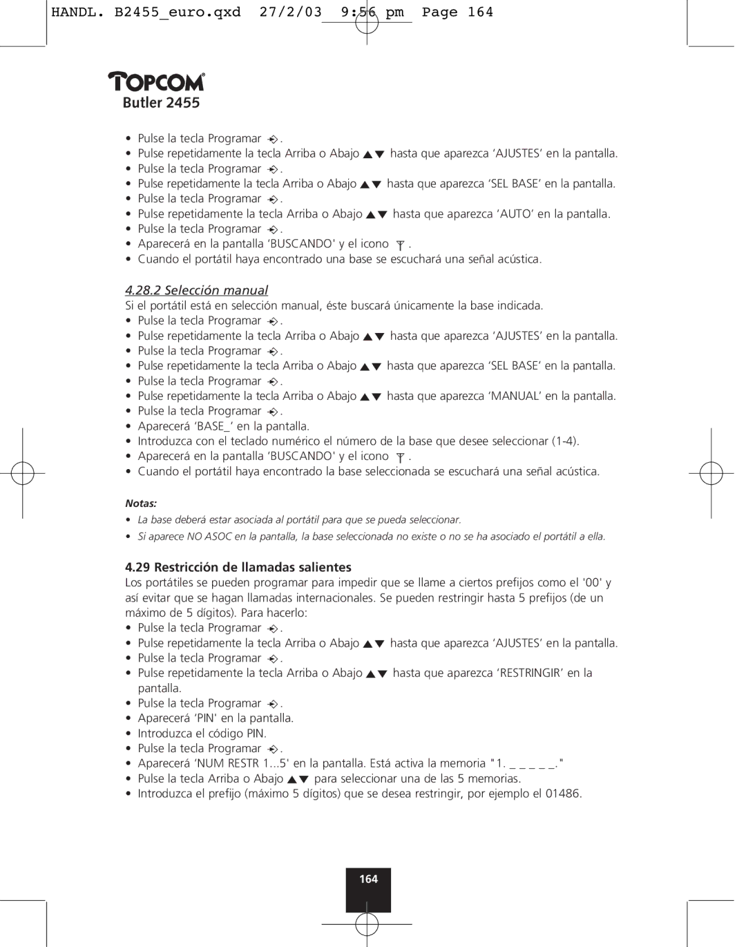 Topcom 2455 Selección manual, Restricción de llamadas salientes 