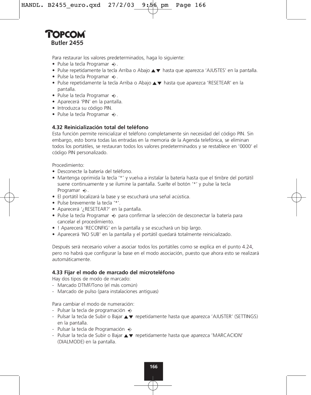 Topcom 2455 manual Reinicialización total del teléfono 