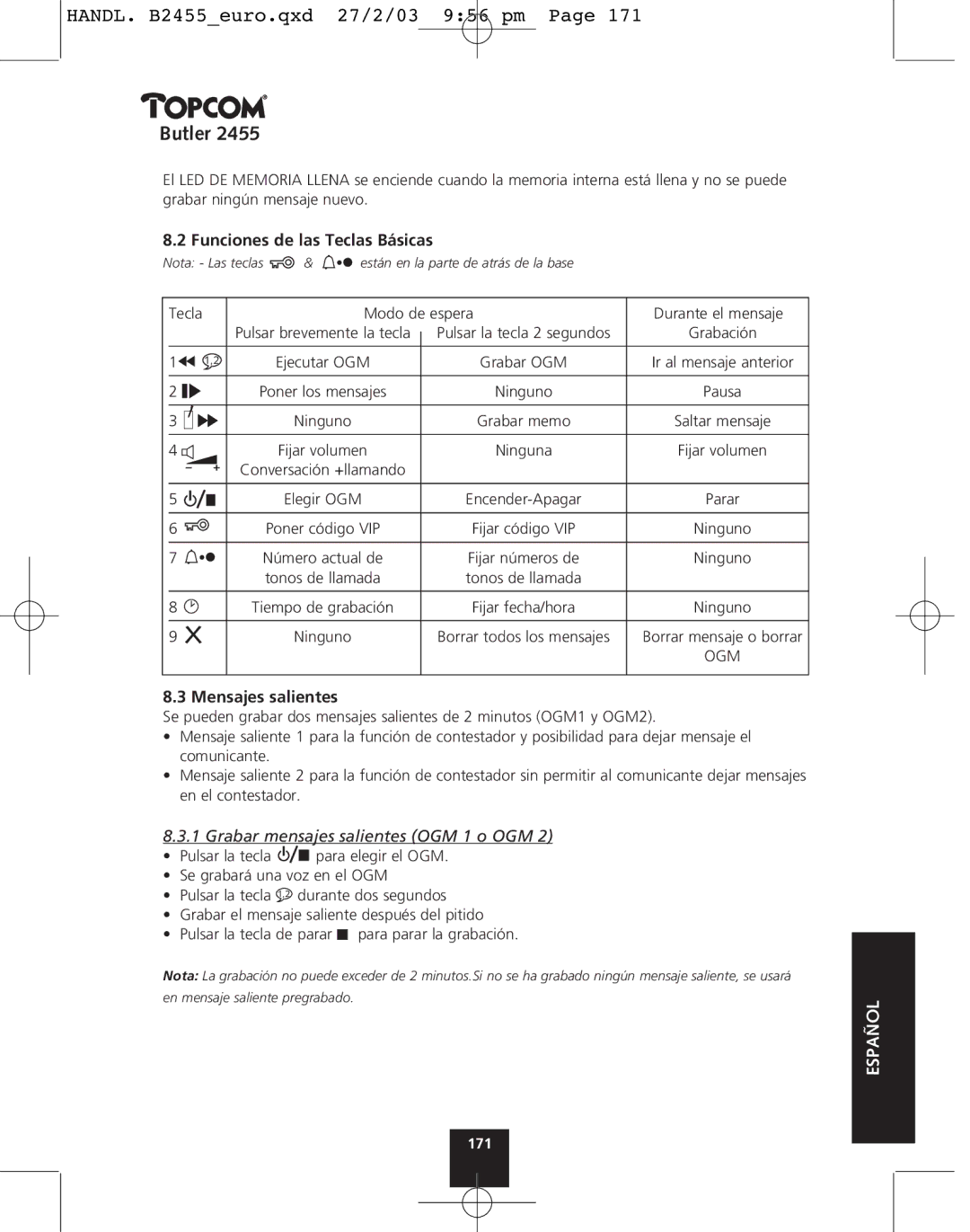 Topcom 2455 manual Funciones de las Teclas Básicas, Mensajes salientes, Grabar mensajes salientes OGM 1 o OGM 