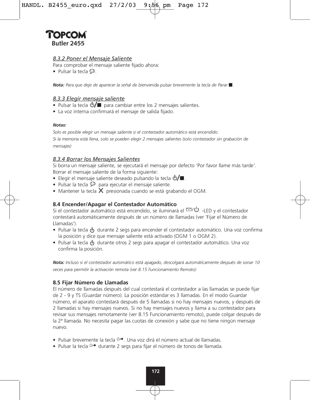 Topcom 2455 Poner el Mensaje Saliente, Elegir mensaje saliente, Borrar los Mensajes Salientes, Fijar Número de Llamadas 