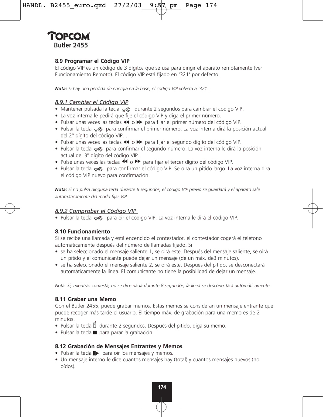 Topcom 2455 manual Programar el Código VIP, Funcionamiento, Grabar una Memo, Grabación de Mensajes Entrantes y Memos 