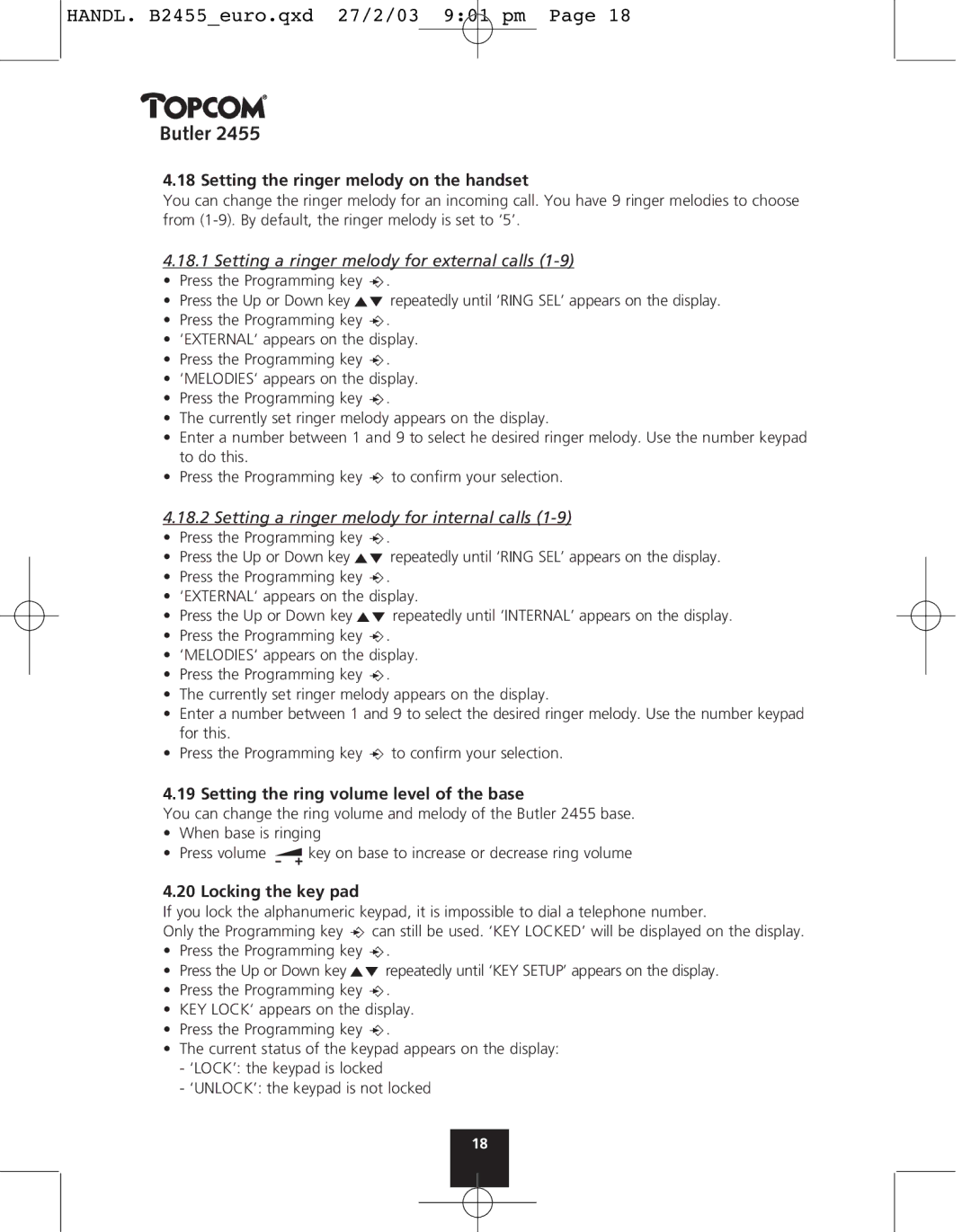 Topcom 2455 Setting the ringer melody on the handset, Setting a ringer melody for external calls, Locking the key pad 