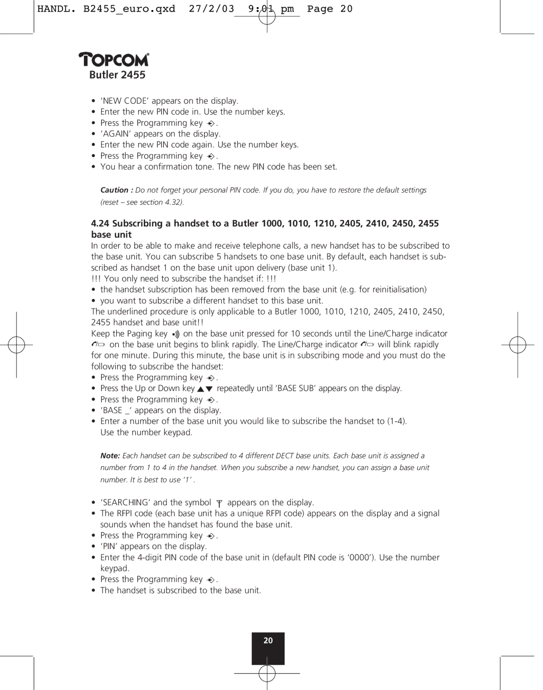 Topcom 2455 manual Reset see section 