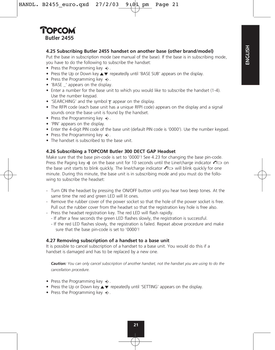 Topcom 2455 manual Subscribing a Topcom Butler 300 Dect GAP Headset, Removing subscription of a handset to a base unit 