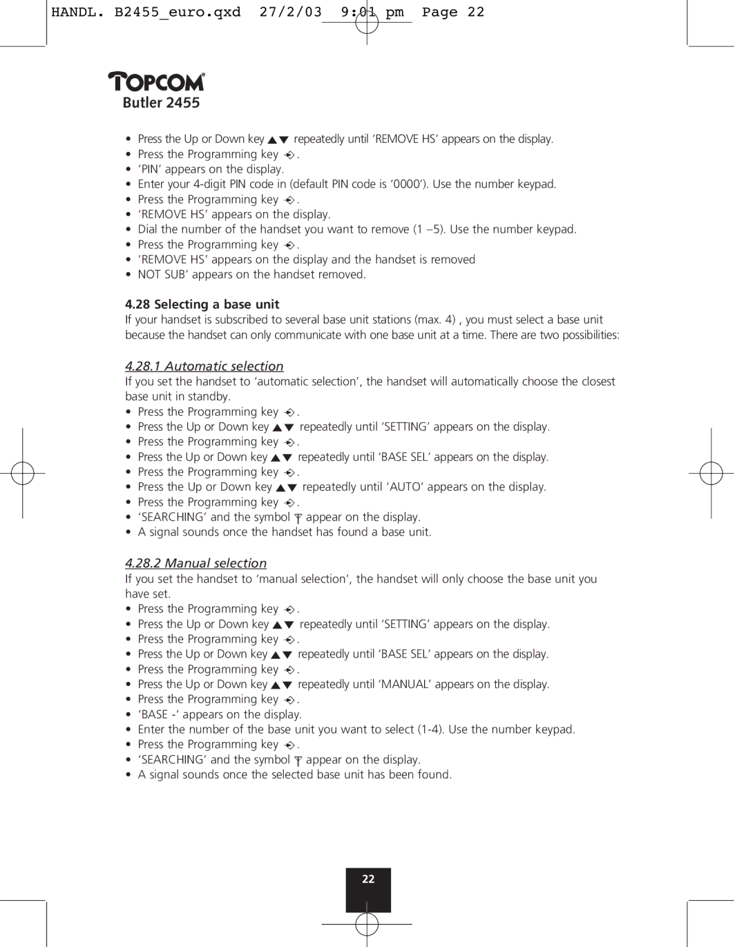 Topcom 2455 manual Selecting a base unit, Automatic selection, Manual selection 