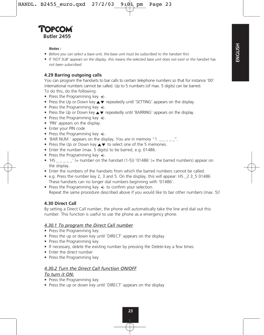 Topcom 2455 manual Barring outgoing calls, To program the Direct Call number 