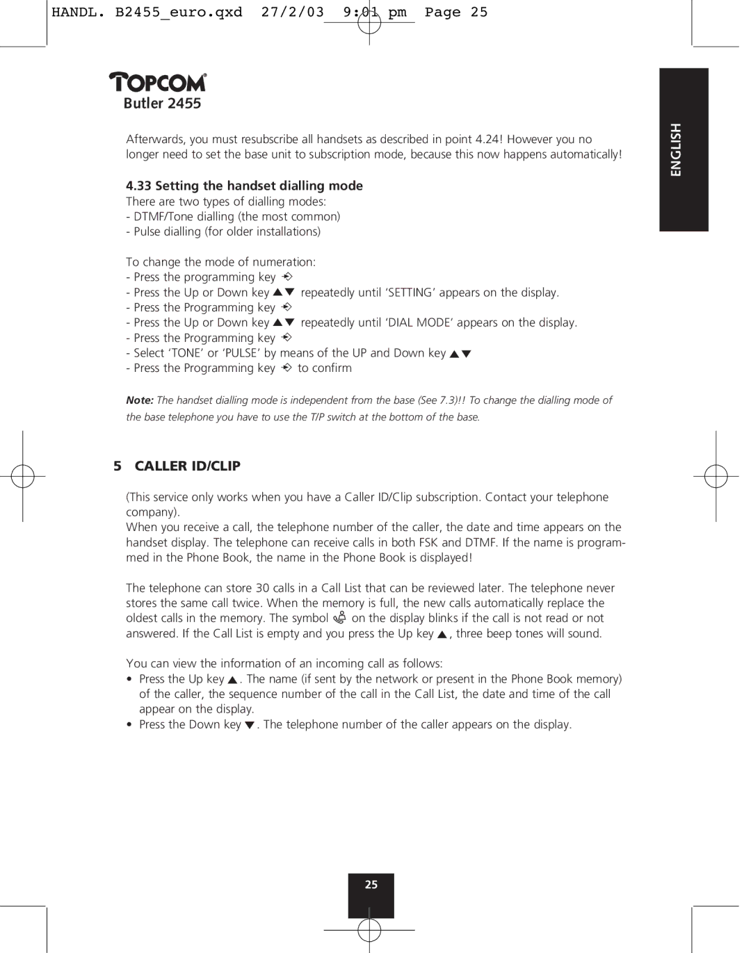 Topcom 2455 manual Caller ID/CLIP 