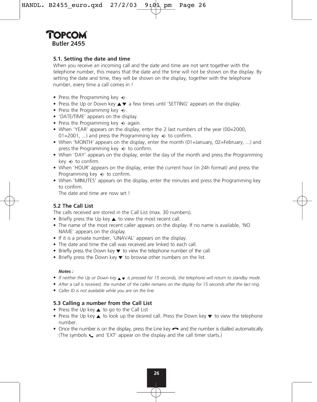 Topcom 2455 manual Setting the date and time, Calling a number from the Call List 
