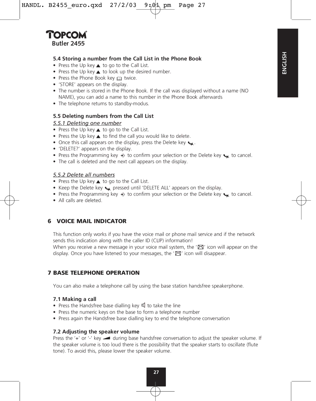 Topcom 2455 manual Voice Mail Indicator, Base Telephone Operation 