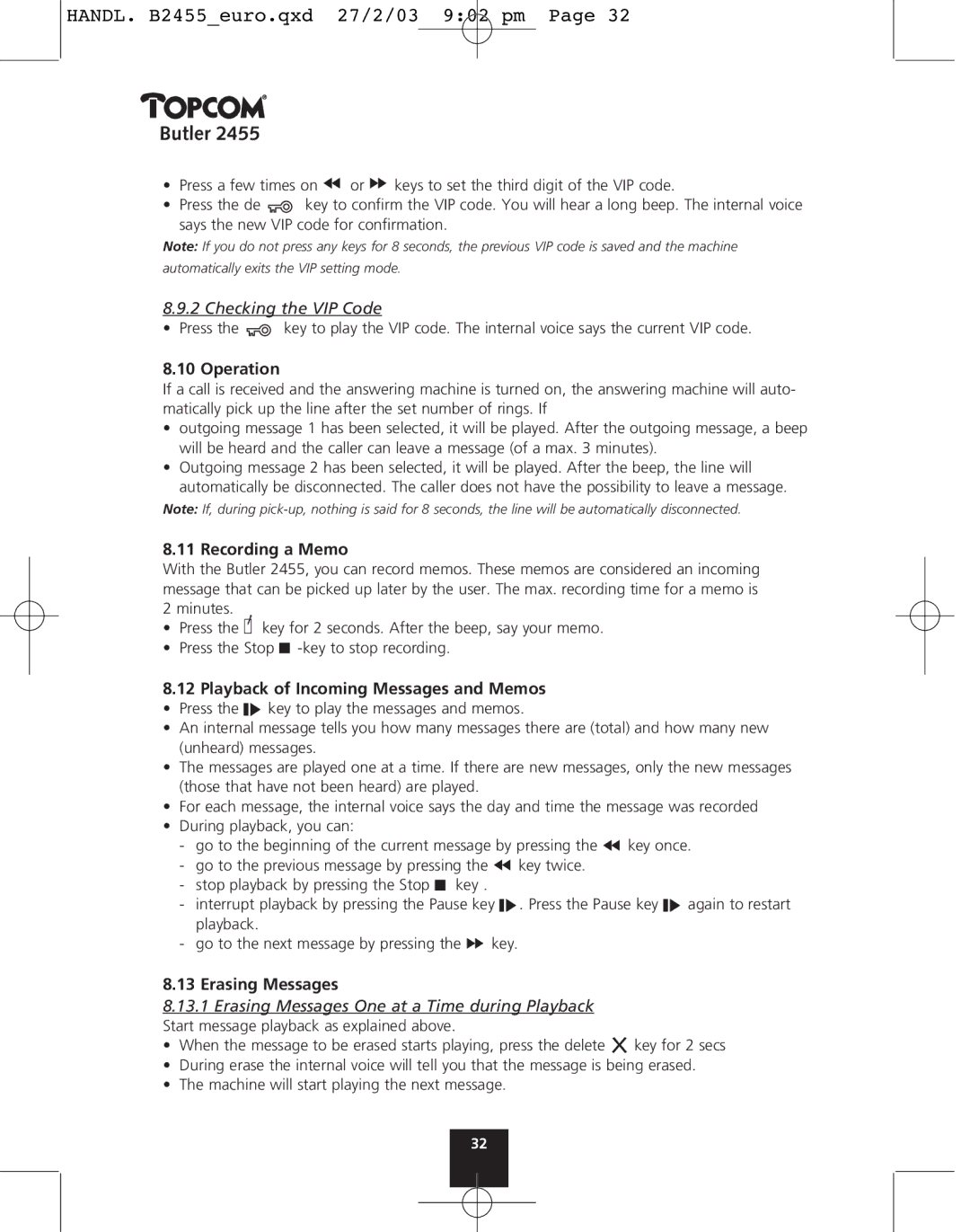 Topcom 2455 Checking the VIP Code, Operation, Recording a Memo, Playback of Incoming Messages and Memos, Erasing Messages 