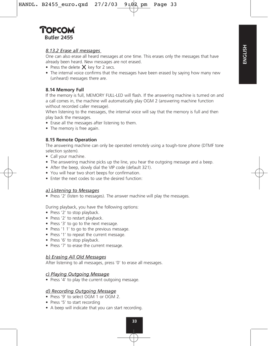 Topcom 2455 manual Memory Full, Remote Operation 