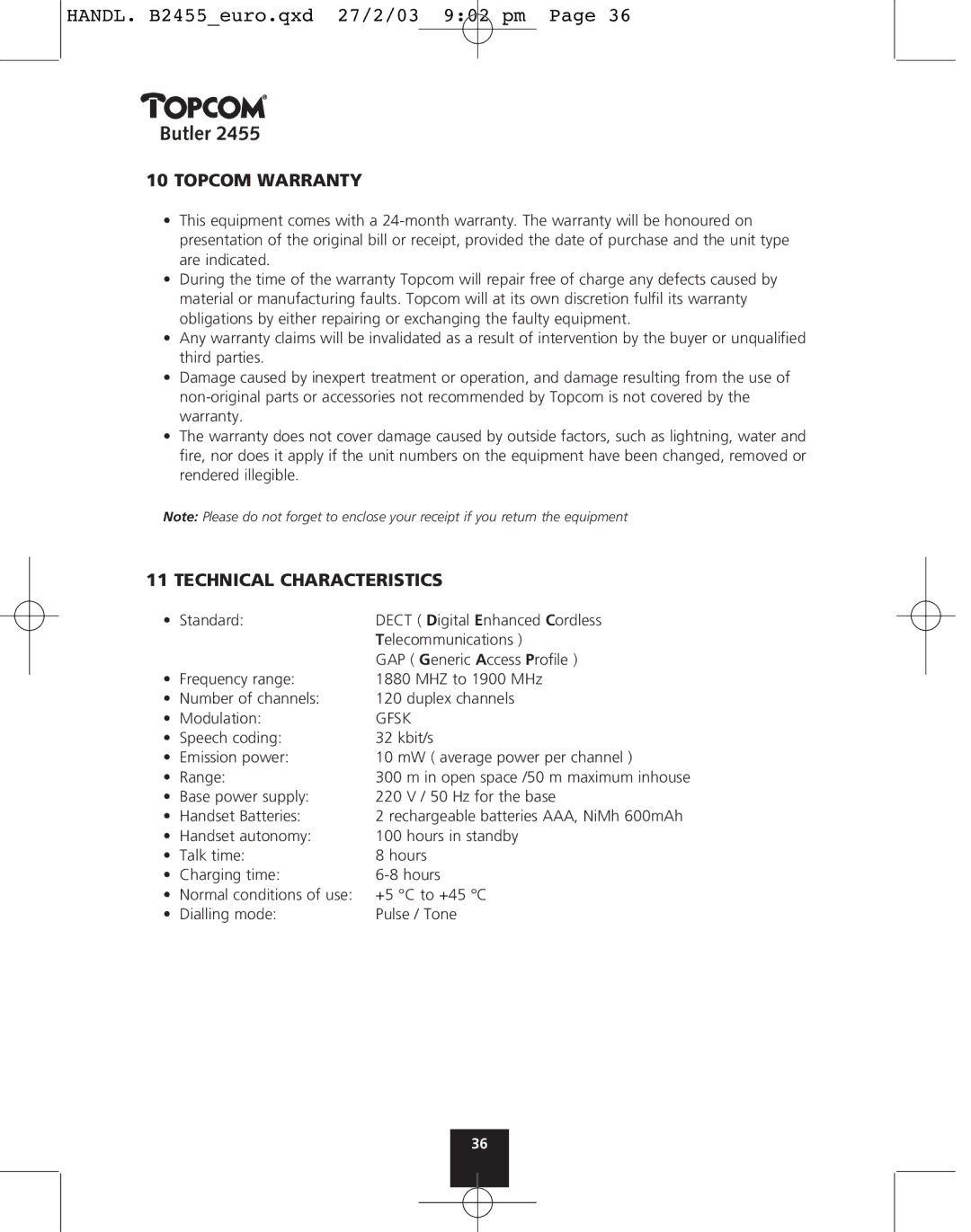 Topcom 2455 manual Topcom Warranty, Technical Characteristics 