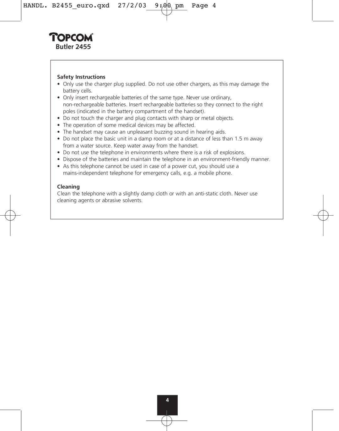 Topcom 2455 manual Safety Instructions, Cleaning 