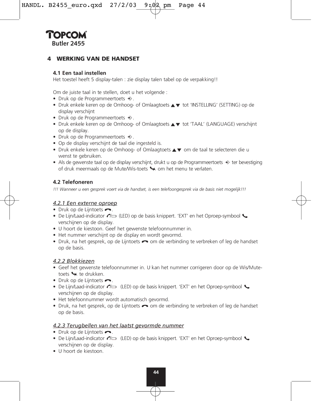 Topcom 2455 manual Werking VAN DE Handset, Een taal instellen, Telefoneren 