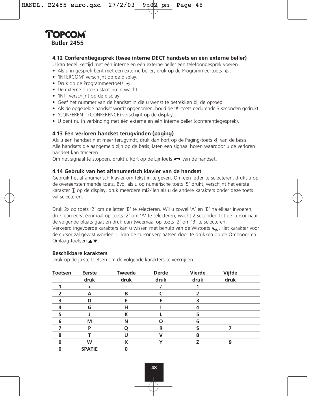 Topcom 2455 manual Een verloren handset terugvinden paging, Gebruik van het alfanumerisch klavier van de handset 