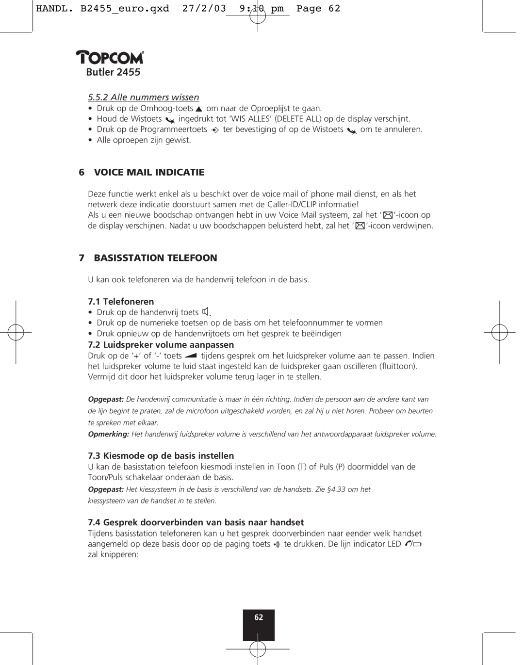 Topcom 2455 Voice Mail Indicatie, Basisstation Telefoon, Luidspreker volume aanpassen, Kiesmode op de basis instellen 