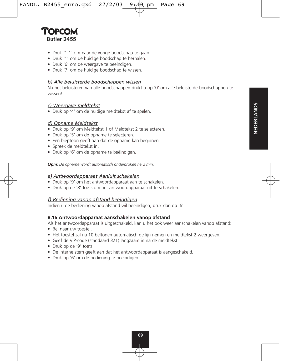 Topcom 2455 manual Antwoordapparaat aanschakelen vanop afstand 