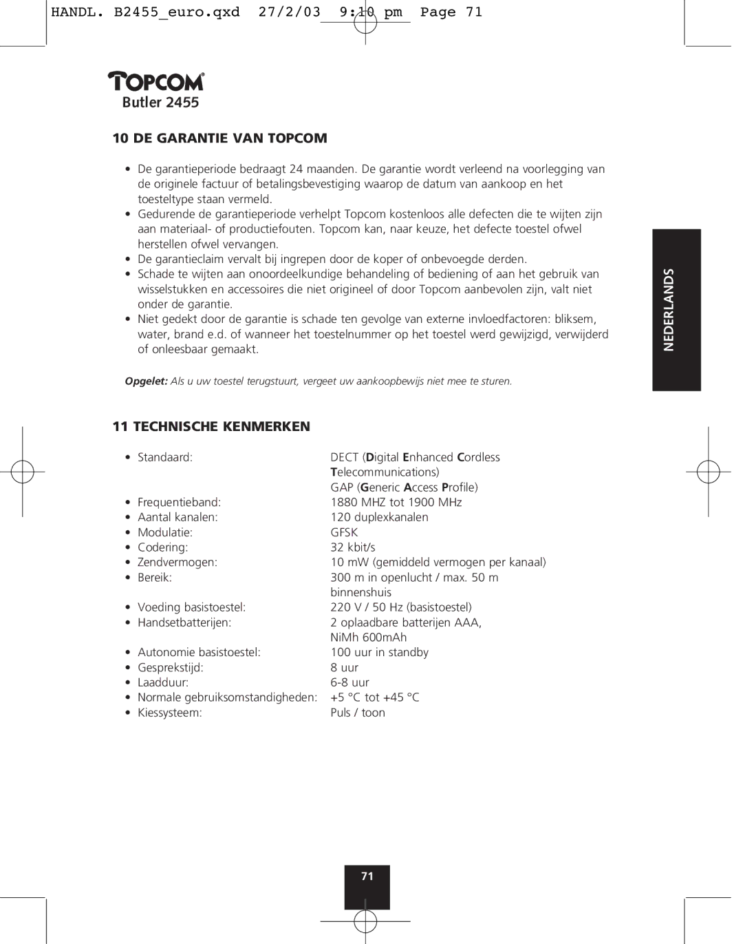 Topcom 2455 manual DE Garantie VAN Topcom, Technische Kenmerken 