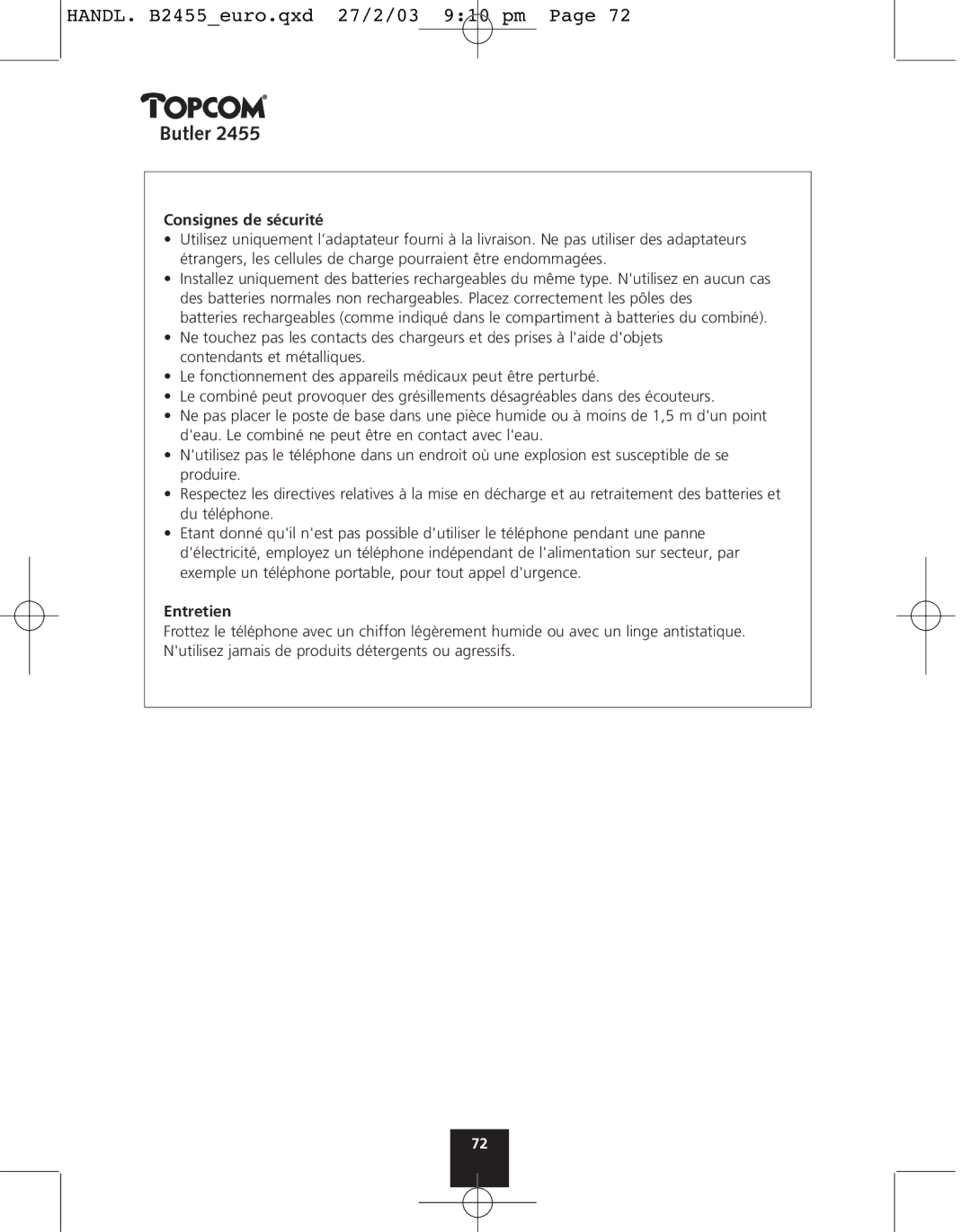 Topcom 2455 manual Consignes de sécurité, Entretien 