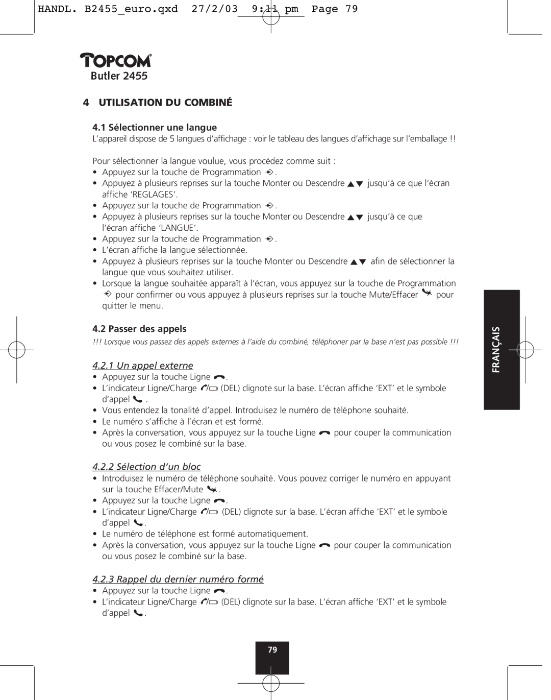 Topcom 2455 manual Utilisation DU Combiné, Sélectionner une langue, Passer des appels 