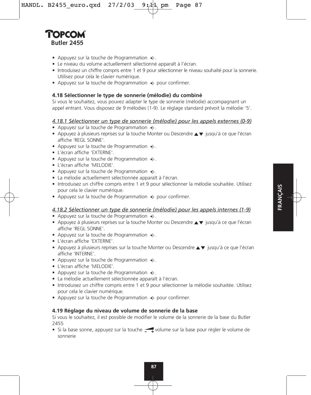 Topcom 2455 18 Sélectionner le type de sonnerie mélodie du combiné, 19 Réglage du niveau de volume de sonnerie de la base 