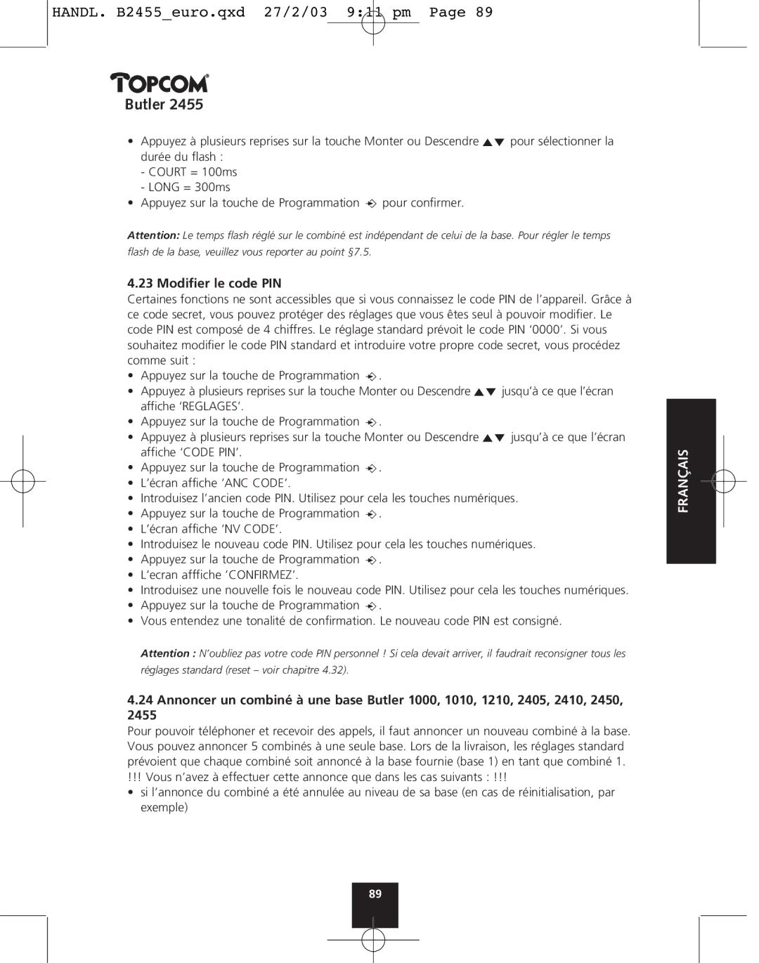 Topcom 2455 manual Modiﬁer le code PIN 