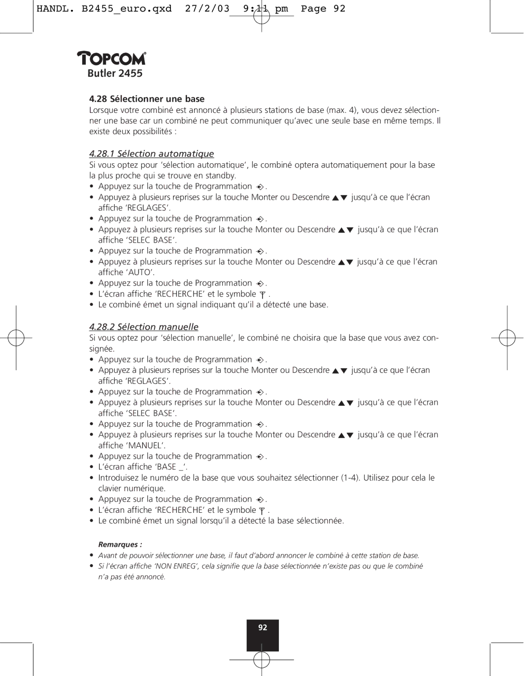 Topcom 2455 manual 28 Sélectionner une base, 28.1 Sélection automatique, 28.2 Sélection manuelle 