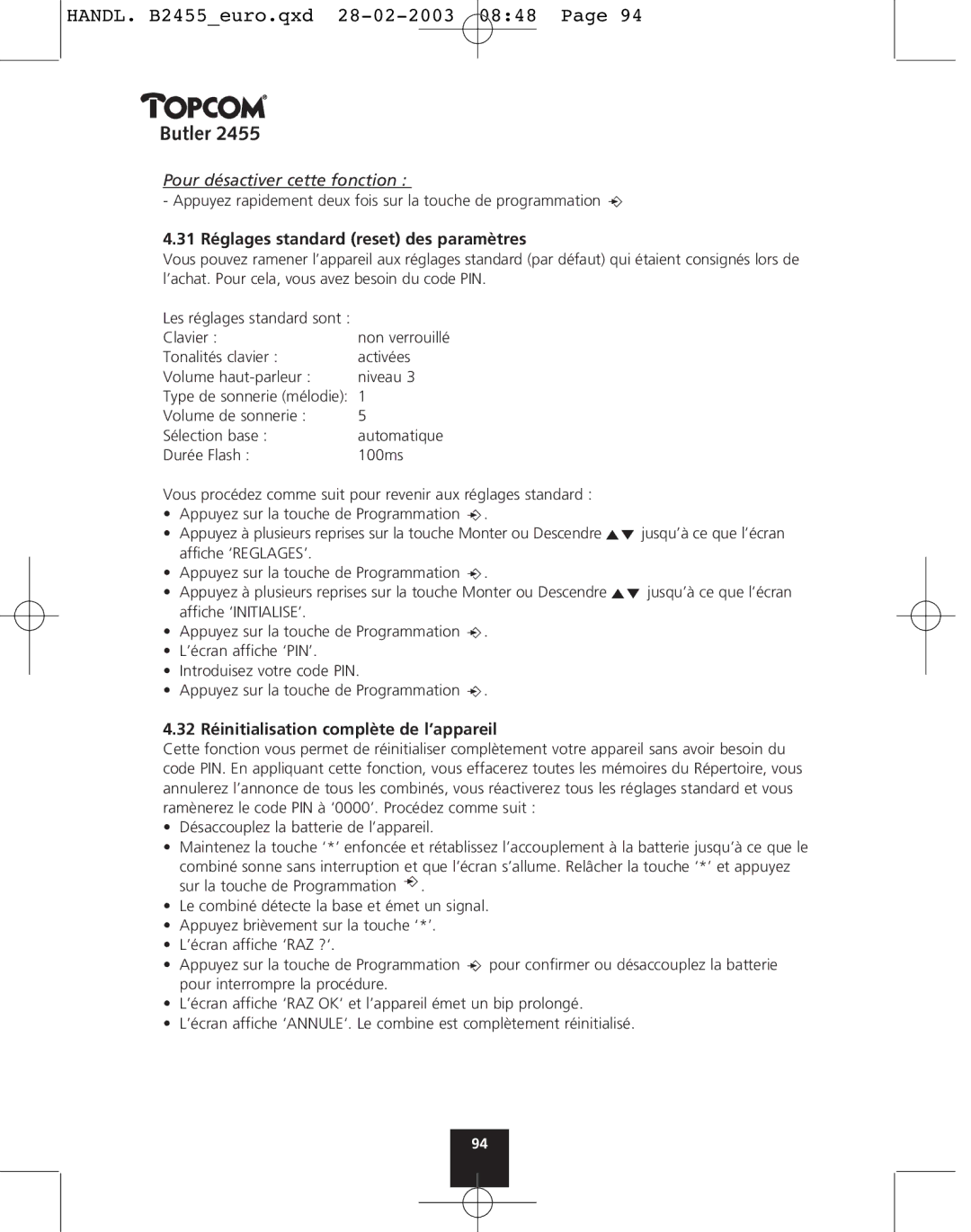 Topcom 2455 manual Pour désactiver cette fonction, 31 Réglages standard reset des paramètres 