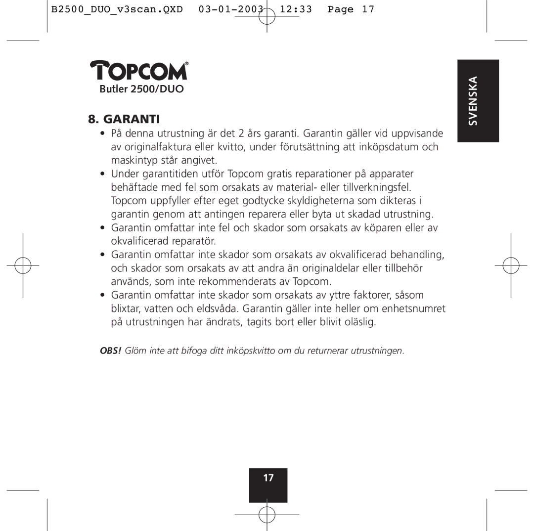 Topcom 2500 Duo manual Garanti 