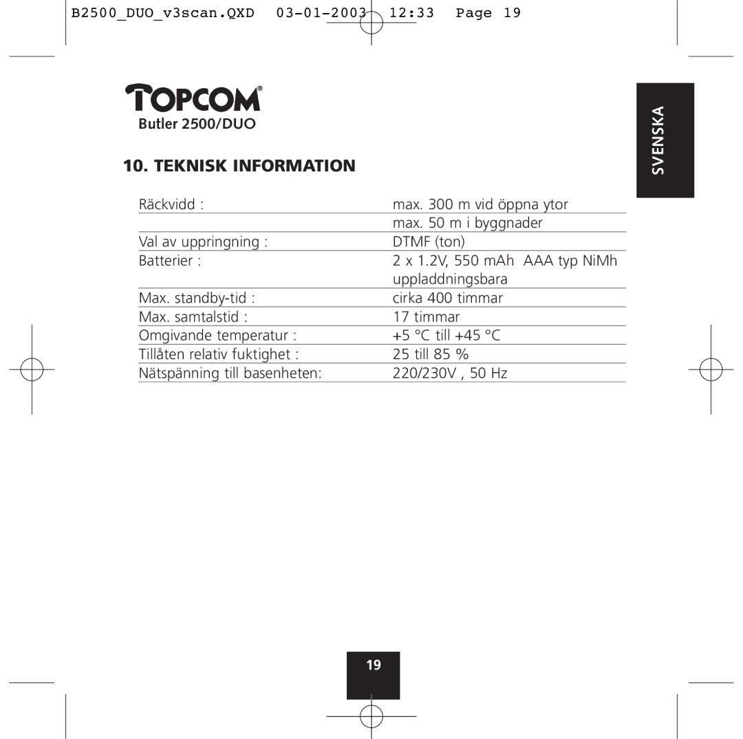 Topcom 2500 Duo manual Teknisk Information 