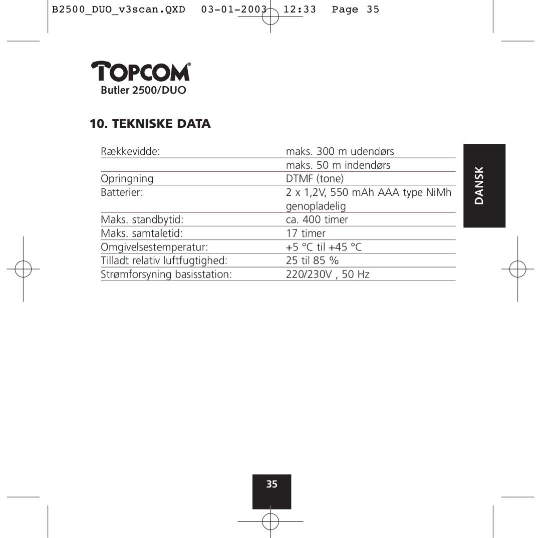 Topcom 2500 Duo manual Tekniske Data 