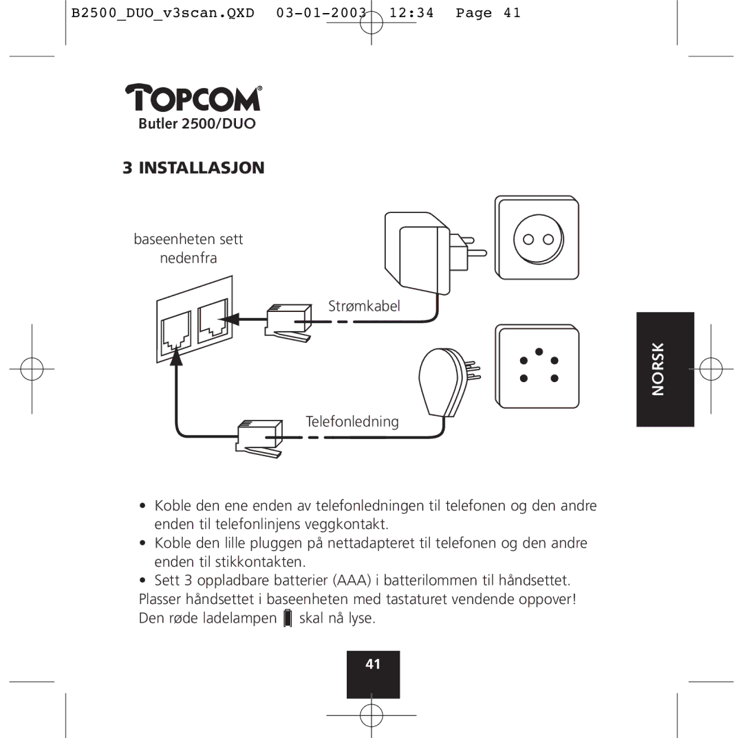 Topcom 2500 Duo manual Installasjon 