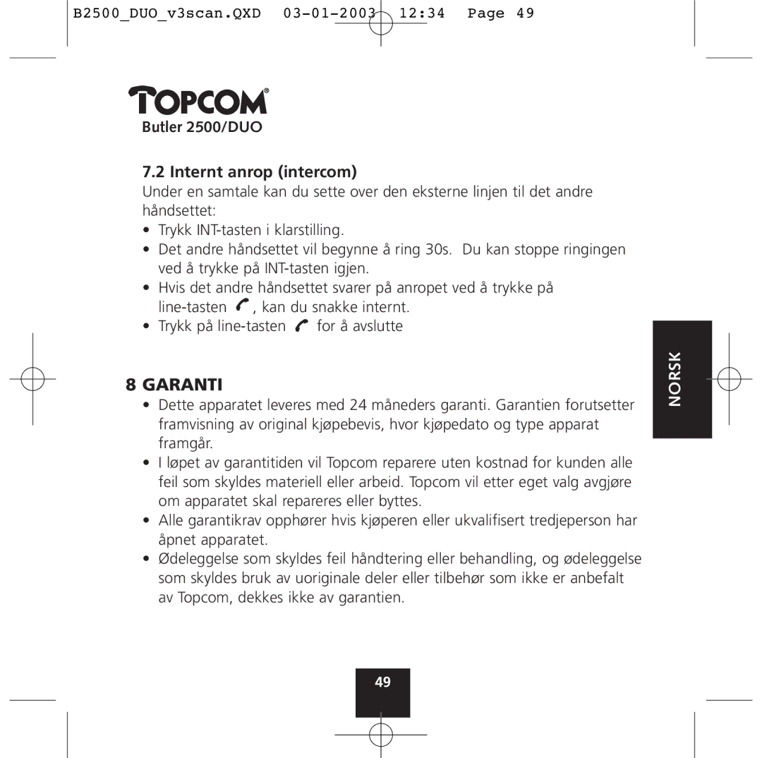 Topcom 2500 Duo manual Garanti, Butler 2500/DUO Internt anrop intercom 