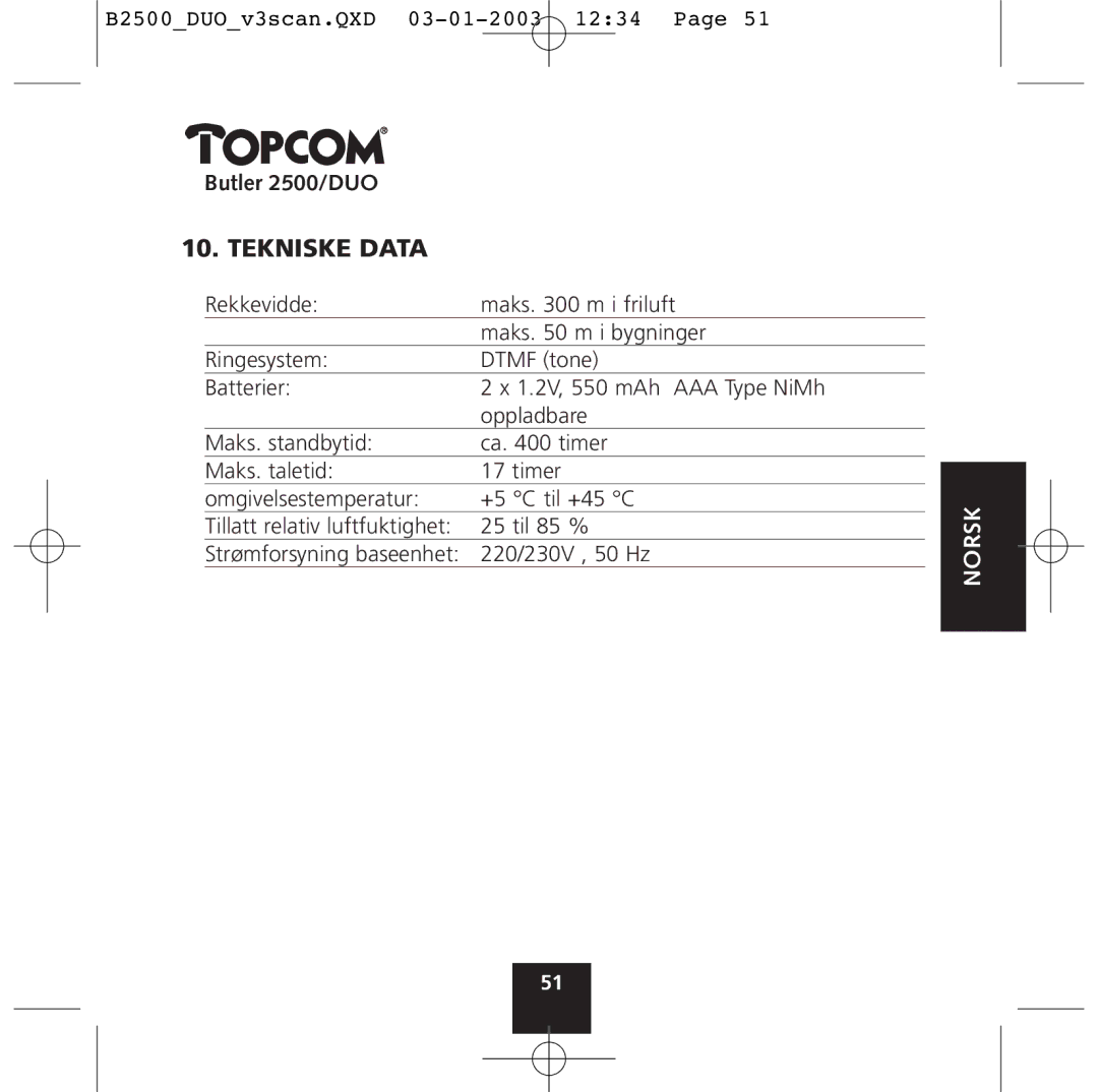 Topcom 2500 Duo manual Tekniske Data 