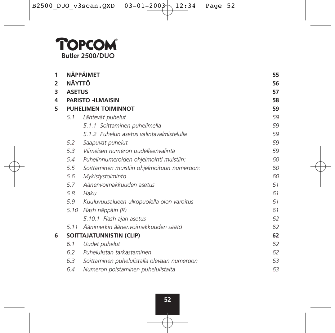 Topcom 2500 Duo manual Soittajatunnistin Clip 