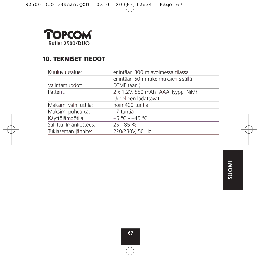 Topcom 2500 Duo manual Tekniset Tiedot 