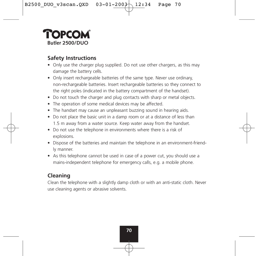 Topcom 2500 Duo manual Butler 2500/DUO Safety Instructions, Cleaning 