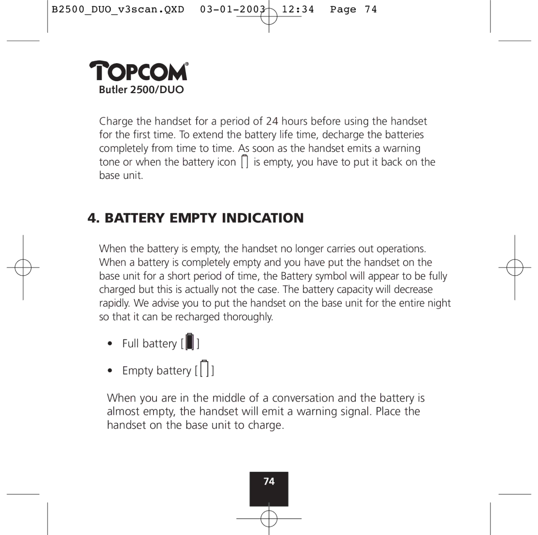 Topcom 2500 Duo manual Battery Empty Indication 