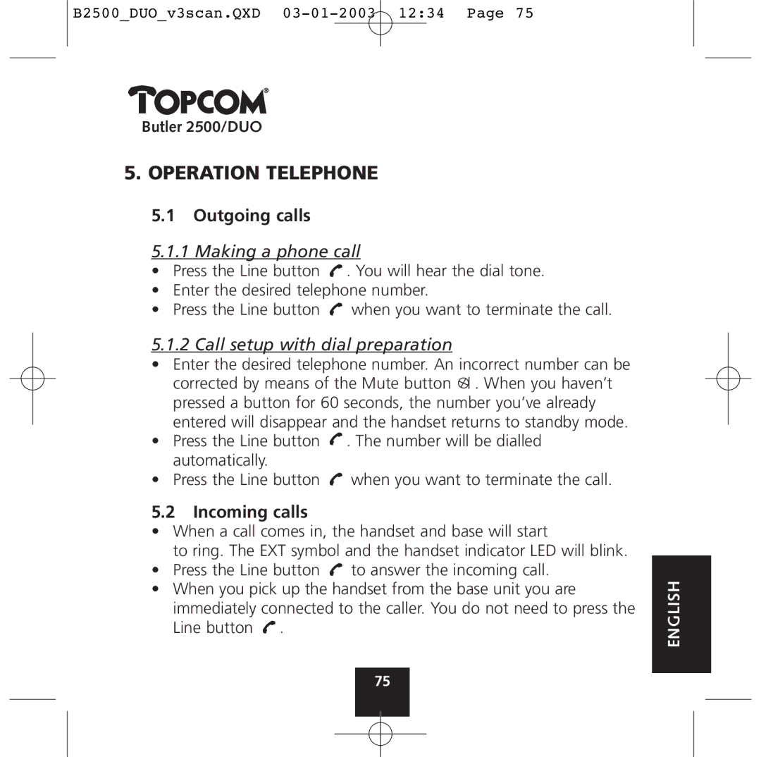 Topcom 2500 Duo manual Operation Telephone 