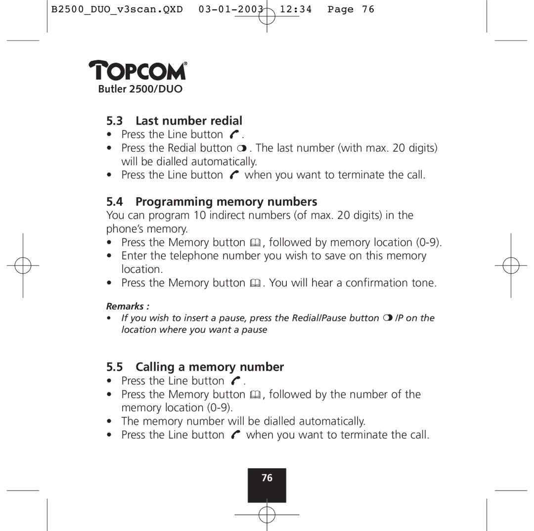 Topcom 2500 Duo manual Last number redial 