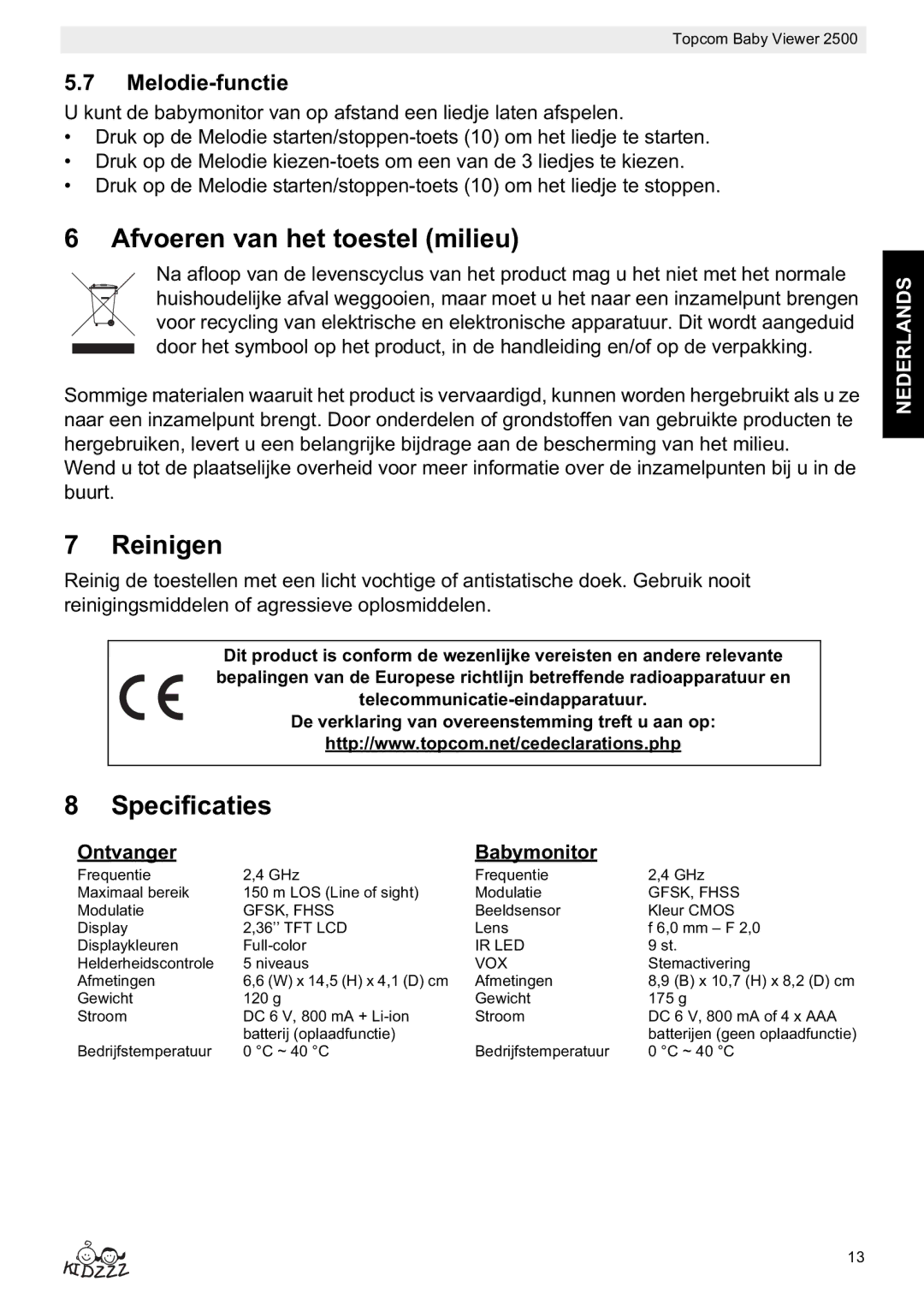 Topcom 2500 Afvoeren van het toestel milieu, Reinigen, Specificaties, Melodie-functie, Ontvanger Babymonitor 