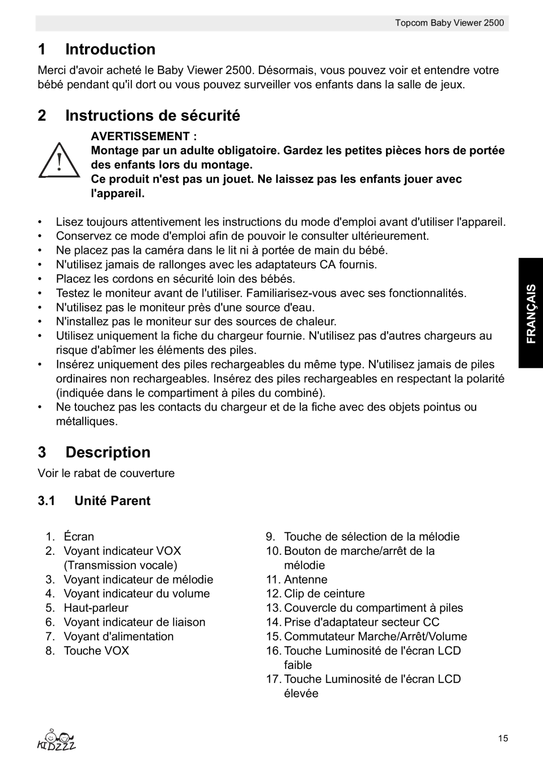 Topcom 2500 manual do utilizador Instructions de sécurité, Unité Parent, Avertissement 