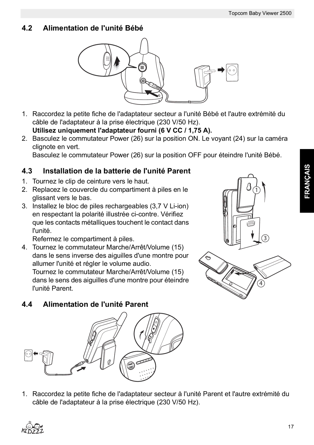 Topcom 2500 Alimentation de lunité Bébé, Installation de la batterie de lunité Parent, Alimentation de lunité Parent 