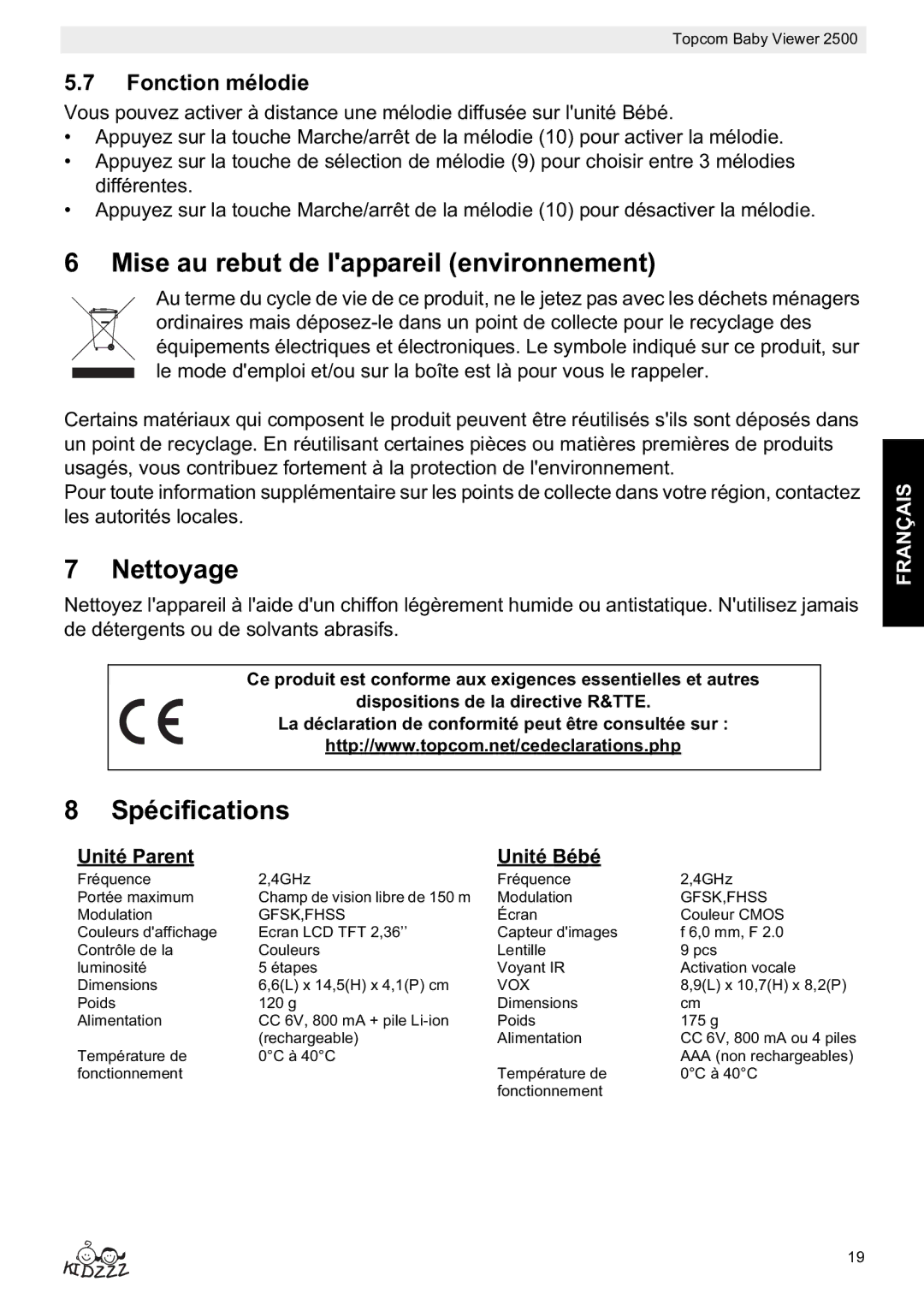 Topcom 2500 Mise au rebut de lappareil environnement, Nettoyage, Spécifications, Fonction mélodie, Unité Parent Unité Bébé 