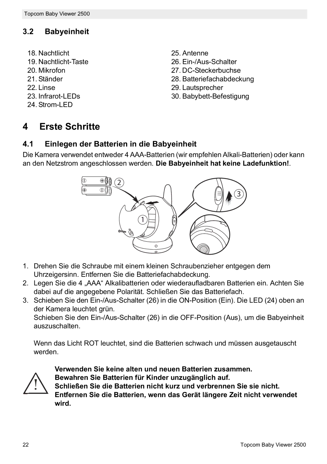 Topcom 2500 manual do utilizador Erste Schritte, Einlegen der Batterien in die Babyeinheit 