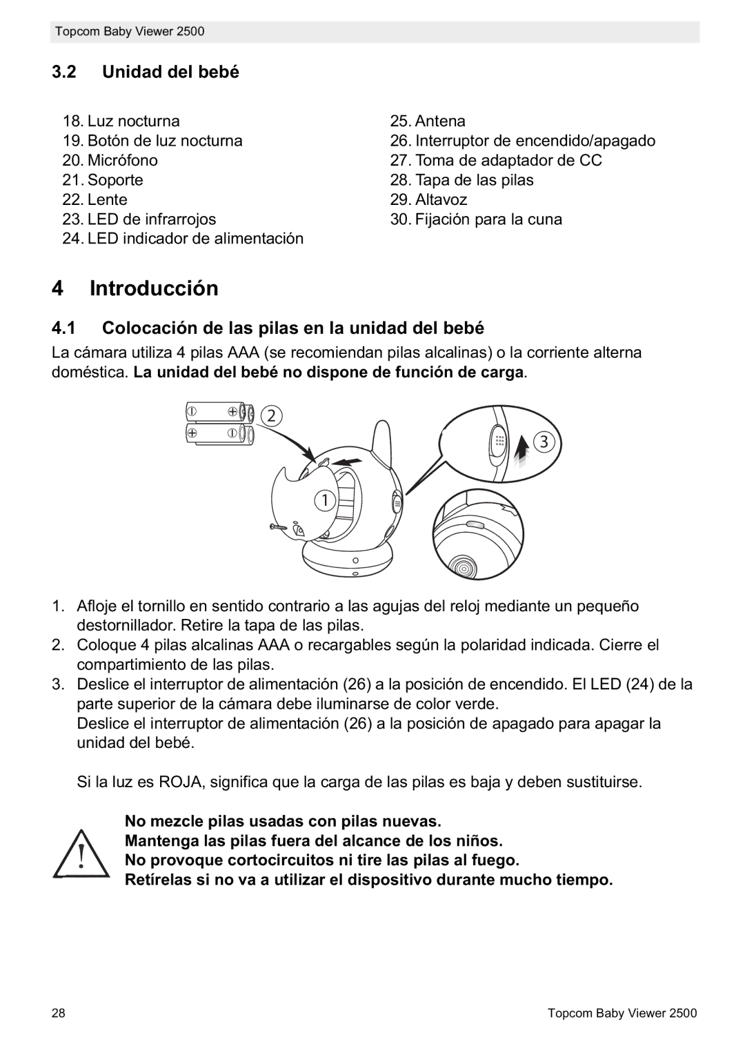 Topcom 2500 manual do utilizador Unidad del bebé, Colocación de las pilas en la unidad del bebé 