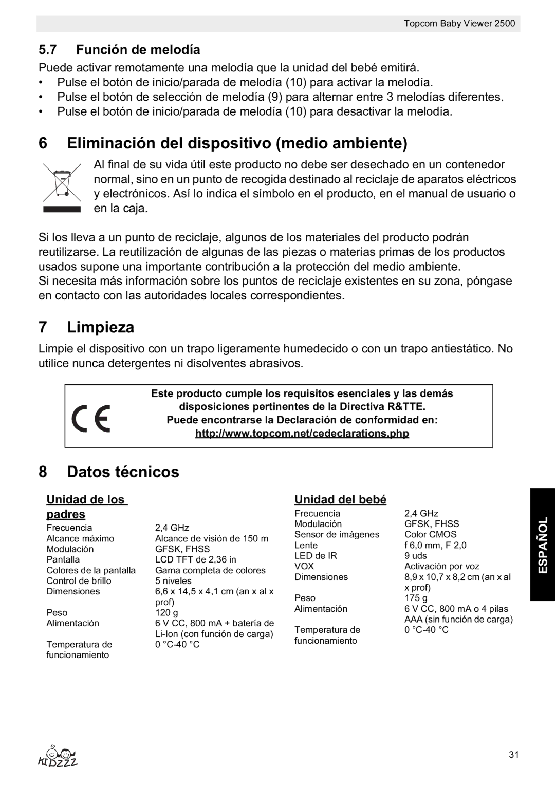 Topcom 2500 manual do utilizador Eliminación del dispositivo medio ambiente, Limpieza, Datos técnicos, Función de melodía 