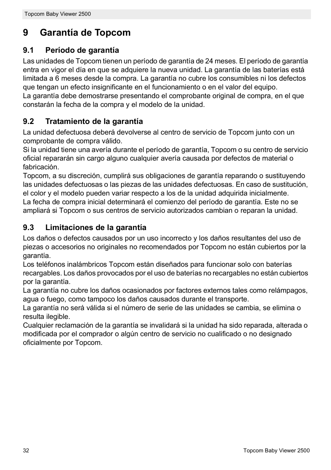 Topcom 2500 Garantía de Topcom, Período de garantía, Tratamiento de la garantía, Limitaciones de la garantía 