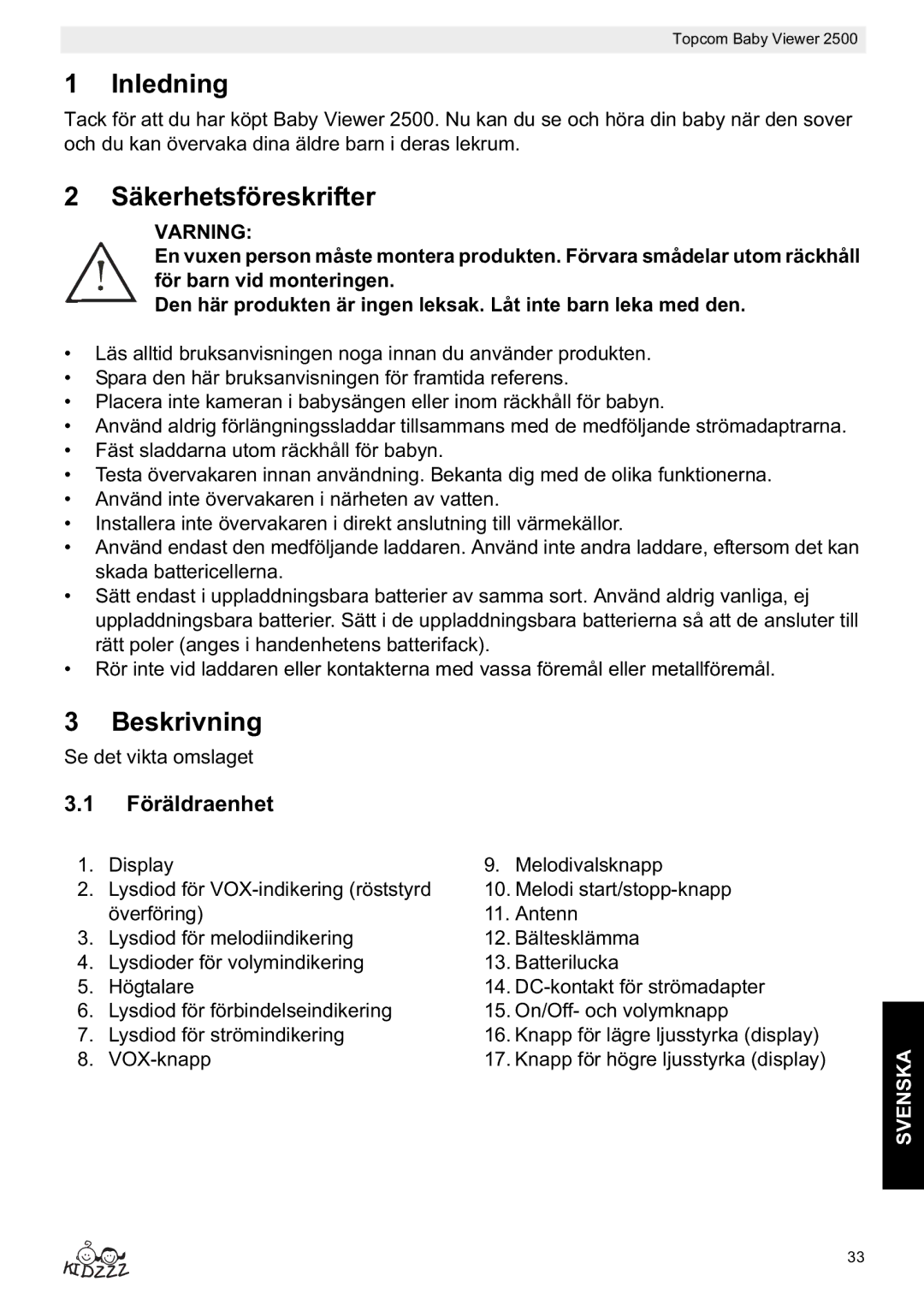 Topcom 2500 manual do utilizador Inledning, Säkerhetsföreskrifter, Beskrivning, Föräldraenhet, Varning 