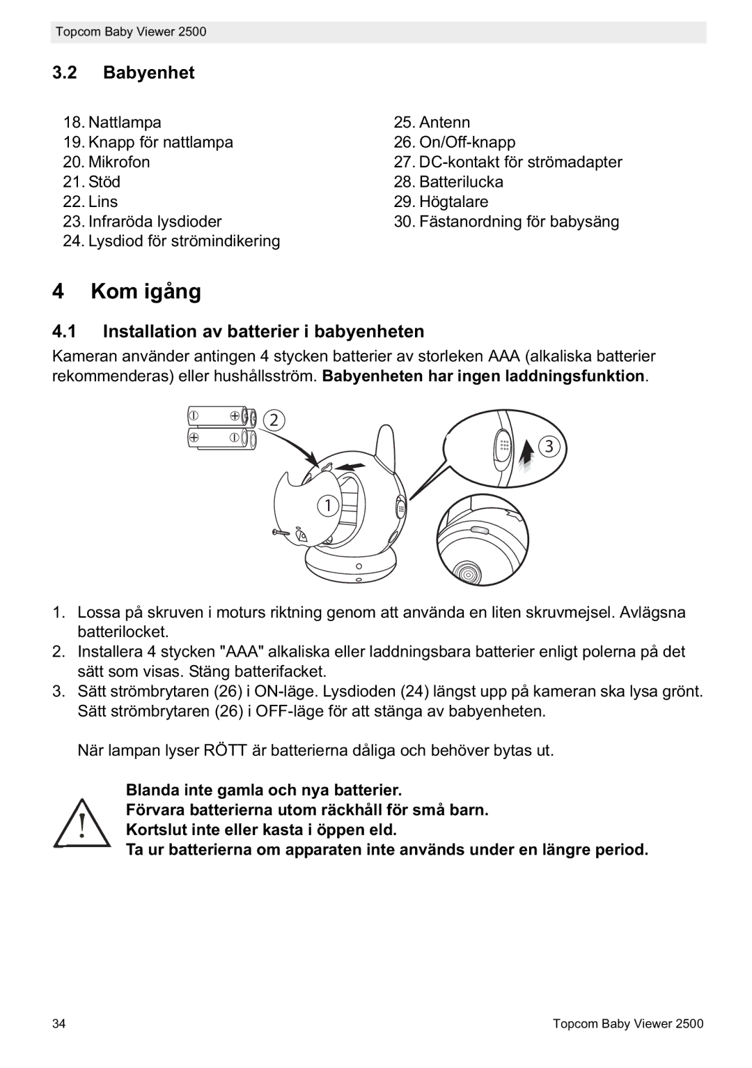 Topcom 2500 manual do utilizador Kom igång, Babyenhet, Installation av batterier i babyenheten 